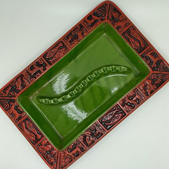 Vintage ceramic green & brick red rectangle ashtray | mid-century | man cave - Picture 2 of 8